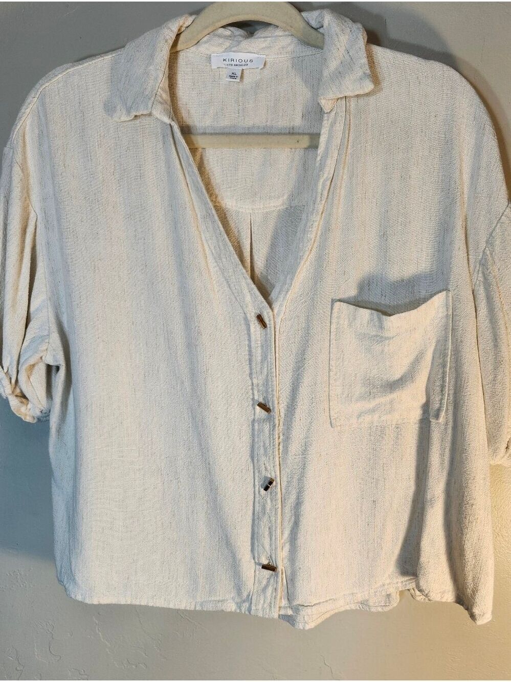 KIRIOUS Los Angeles Cream Button Top Linen Blend Slouchy Cropped